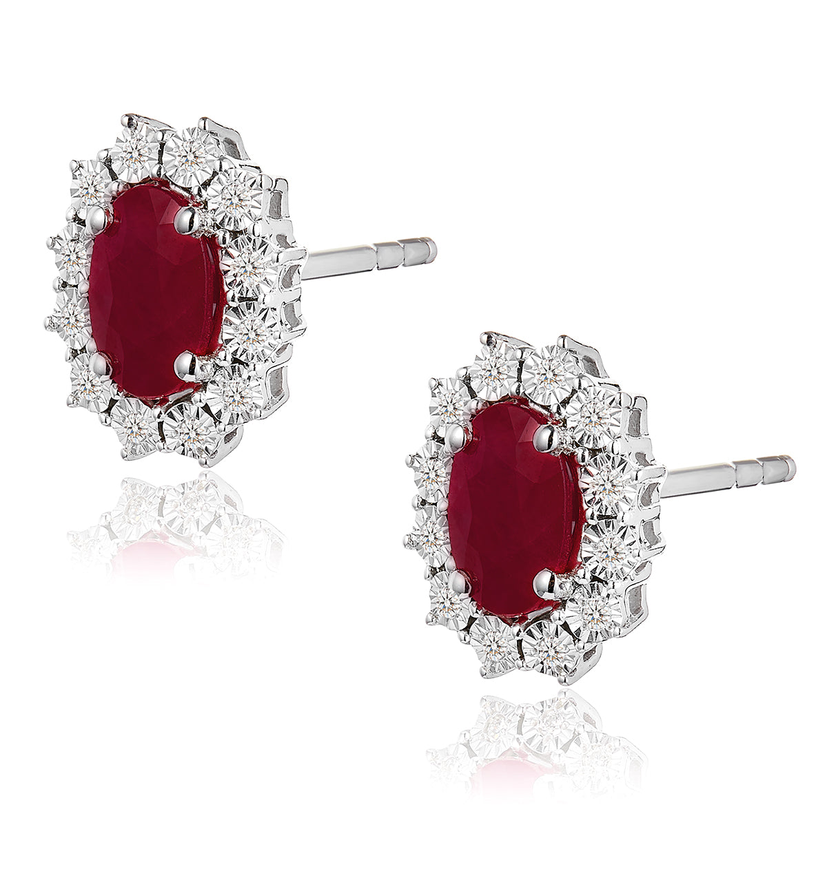 Ruby Earrings with Lab Diamonds in 925 Silver - 6 x 4mm Centre